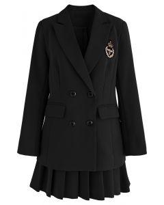 Bee Badge Solid Color Blazer and Skirt Set in Black