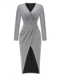 Shimmer Faux-Wrap Ruched Front Tulip Dress in Silver