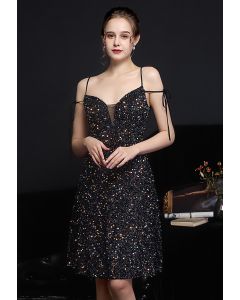 Enchanting Sequined Tie-String Cocktail Dress in Black