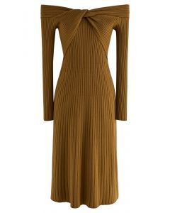 Twisted Off-Shoulder Ribbed Knit Dress in Mustard