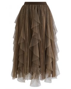 Floral Lace Ruffle Mesh Tulle Skirt in Brown