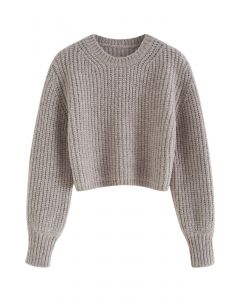 Round Neck Crop Knit Sweater in Taupe