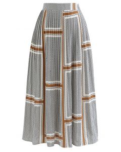 Brown Grid Arrow Chain Pleated Skirt