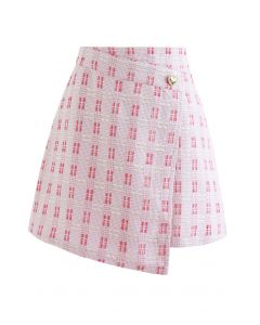Heart Button Flap Front Tweed Mini Skirt in Pink