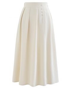 Four Buttons Decorated Pleated Skirt in Ivory