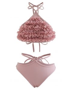 3D Petal Triangle Self-Tie Bikini Set in Light Pink