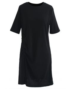 Stretchy Ruching T-Shirt Dress in Black