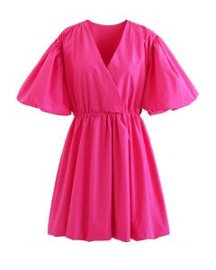 V-Neck Bubble Sleeves Cotton Dress in Hot Pink
