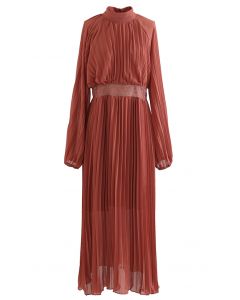 Lacy Waist Full Pleated Maxi Dress in Rust Red