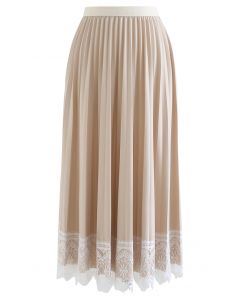 Lacy Raw-Cut Hem Pleated Skirt in Light Tan