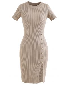 Button Embellished Slit Bodycon Knit Dress in Tan