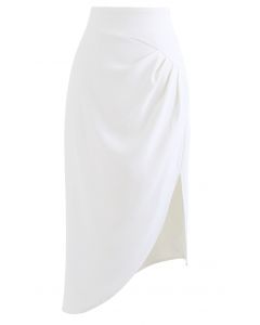 Side Ruched Asymmetric Pencil Skirt in White