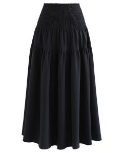 Shirred Waist Textured Black Maxi Skirt