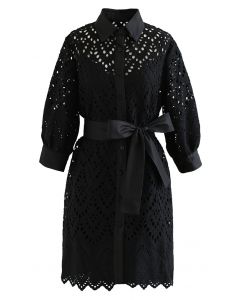 Diamond Eyelet Crochet Button Down Dress in Black