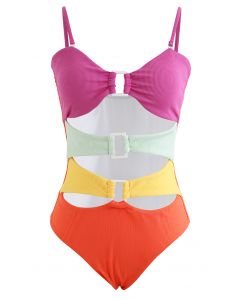 Rainbow Buckle Cutout Ribbed Swimsuit