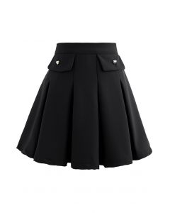Tiny Heart Button Pleated Mini Skirt in Black