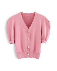 Jewelry Button Short Sleeves Crop Knit Cardigan in Pink