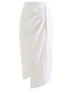 Crystal Trim Ruching Slit Pencil Skirt in White