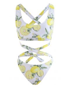 Lemon Print Cross Tie-Waist Bikini Set