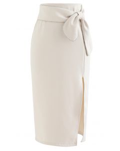 Crystal Edge Knotted Waist Split Pencil Skirt in Ivory