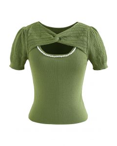 Twist Neck Hollow Out Knit Spliced Top in Green