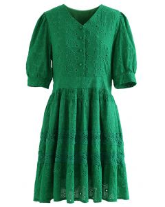 V-Neck Embroidered Eyelet Cotton Dress in Green