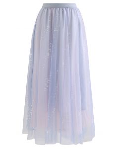 Shimmery Sequin Mix-Color Mesh Maxi Skirt in Blue