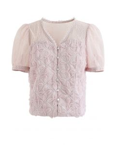 Embroidered Mesh Sequin Buttoned Crop Top in Pink