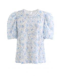 Flower Sketch Pearly Neck Mesh Top in Blue