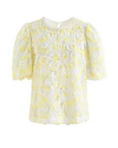 Flower Sketch Pearly Neck Mesh Top in Yellow