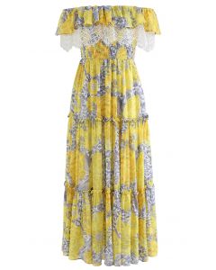 Blossom Lacy Off-Shoulder Shimmery Dot Midi Dress in Yellow
