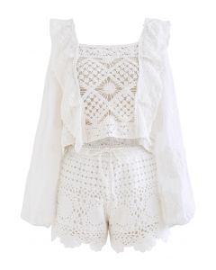 Hollow Out Floral Crochet Cotton Top and Shorts Set in White