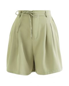 Self-Tie String Side Pocket Shorts in Pea Green