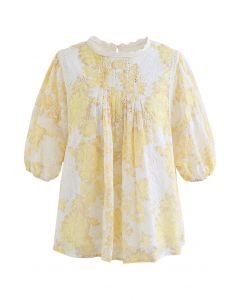 Floral Embroidery Puff Sleeve Top in Yellow