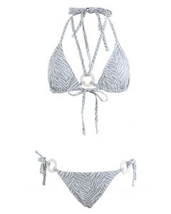 Halter Neck O-Ring Striped Bikini Set
