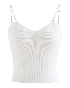 Cropped Knit Pearly Tank Top in White