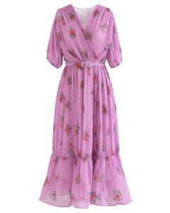 Floral Printed Airy Pleated Faux-Wrap Dress in Violet
