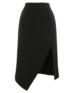 Slit Hem Asymmetric Pencil Skirt in Black