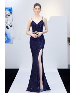 Split Side Sequined Wrap Cami Gown in Navy