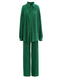Full Pleated Plisse Shirt and Pants Set in Emerald