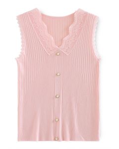 Lacy V-Neck Knit Tank Top in Pink