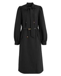 Exquisite Bowknot Double-Breasted Belted Coat in Black