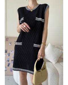 Contrast Striped Edge Sleeveless Knit Dress in Black