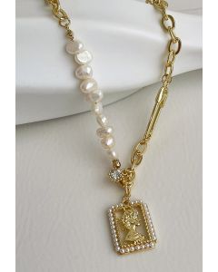 Gold Head Pendant Pearl Trim Pin Necklace