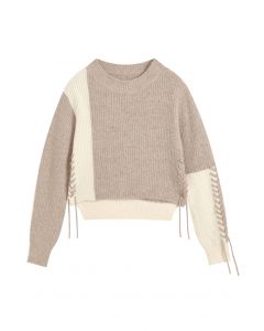 Bicolor Lace-Up Crop Sweater in Linen