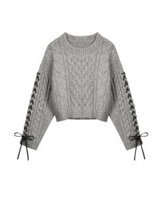 Lace-Up Sleeves Braided Knit Crop Sweater in Grey