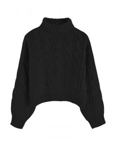 Turtleneck Braid Knit Crop Sweater in Black