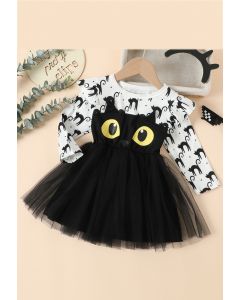Kids' Black Owl Ruffle Mesh Tulle Spliced Dress in White