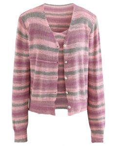 Mixcolor Striped Cami Crop Top and Cardigan Set in Pink