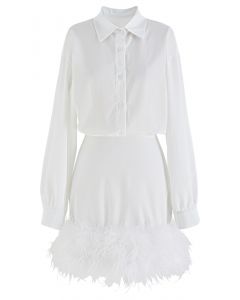 Ethereal Feather Long Sleeve Satin Dress in White